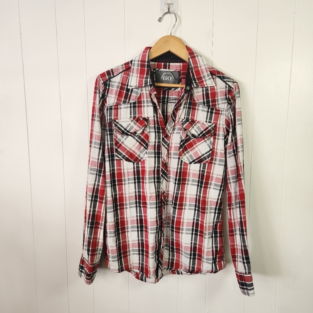 Buckle BKE Red Plaid Pearl Snap Long Sleeve Shirt Men's Size Medium Slim Fit
